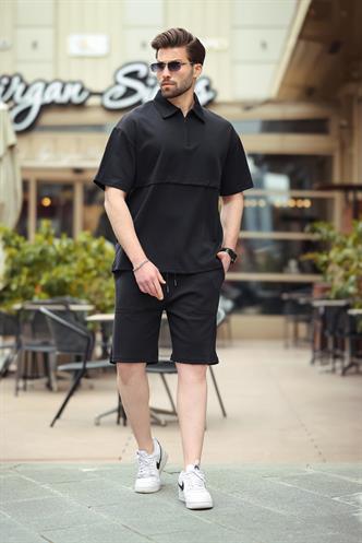 Siyah Fermuarlı Polo Yaka Erkek Şort Gömlek Takımı E7314