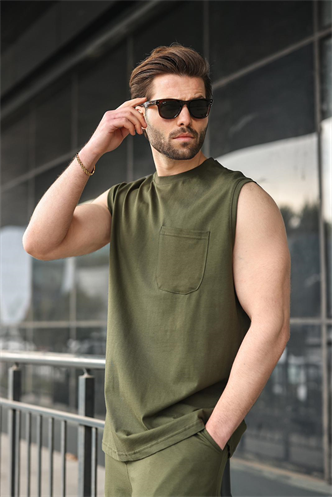 Haki Bisiklet Yaka Kolsuz Erkek Şort T-shirt Takım E7351