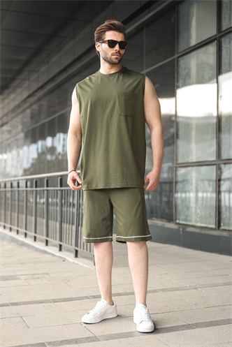 Haki Bisiklet Yaka Kolsuz Erkek Şort T-shirt Takım E7351