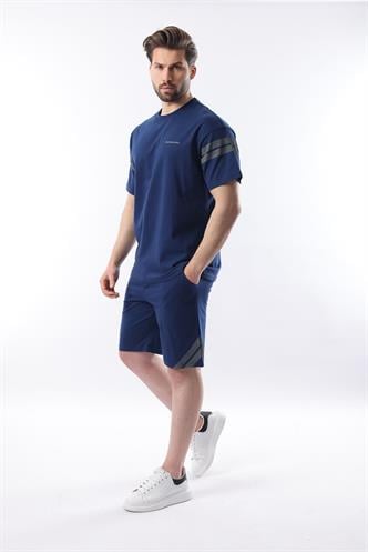 Lacivert Şerit Detaylı Erkek Şort T-shirt Takım E7301