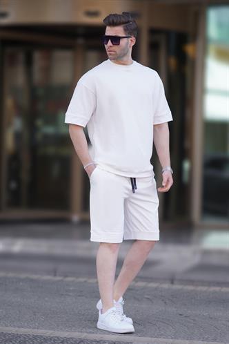 Ekru Bisiklet Yaka Basic Erkek Şort Takımı 5953