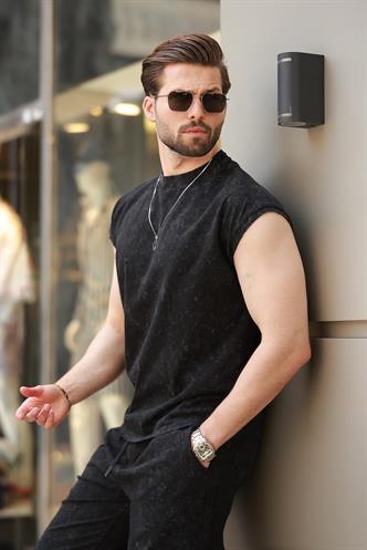 Siyah Basic Erkek Yırtık Detaylı Şort T-shirt Takım E7319