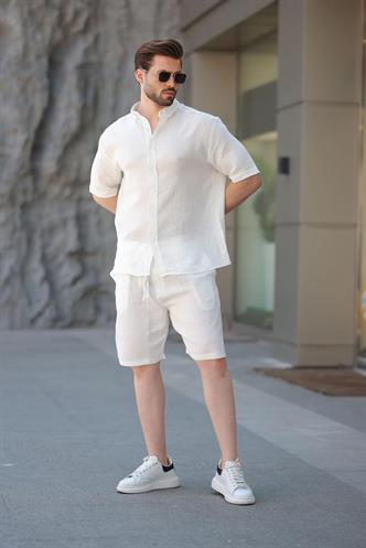 Beyaz Basic Erkek Şort Gömlek Takım E7321