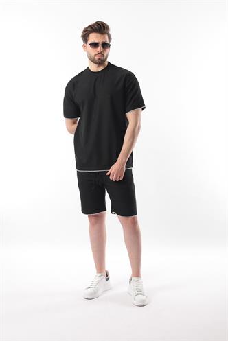 Siyah Nakış Detaylı Erkek Şort T-shirt Takım E7305