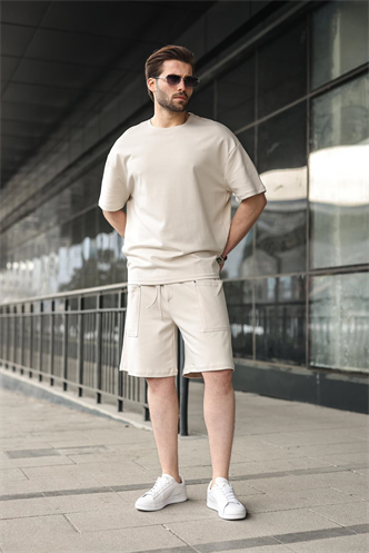 Taş Rengi Bisiklet Yaka Oversize Erkek Şort T-shirt Takım E7355