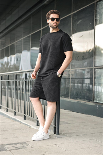 Siyah Batik Desenli Overfit Şort T-shirt Takım E7357