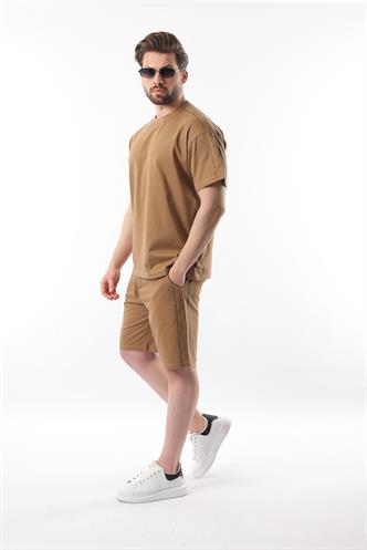 Kapüçino Overfit Baskılı Erkek Şort T-shirt Takım E7302
