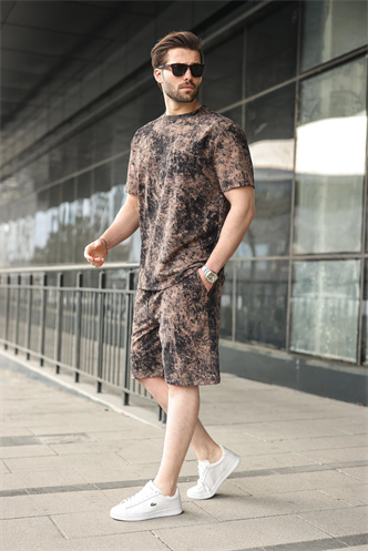 Siyah-Kahverengi Batik Desenli Overfit Şort T-shirt Takım E7357
