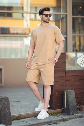Bej Basic Erkek Şort T-shirt Takımı E7309