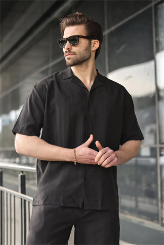 Siyah Tensel Kumaş Erkek Şort Gömlek Takım E7352