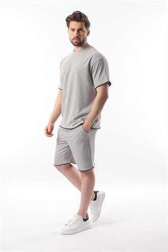 Boyalı Gri Nakış Detaylı Erkek Şort T-shirt Takım E7305