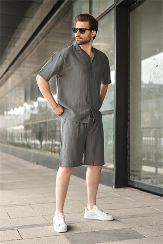 Füme Tensel Kumaş Erkek Şort Gömlek Takım E7352
