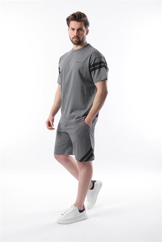 Füme Şerit Detaylı Erkek Şort T-shirt Takım E7301