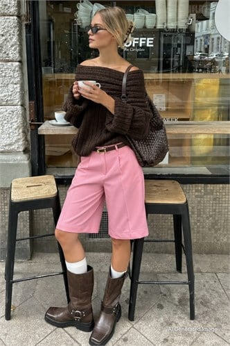 Pembe  Pileli Kadın Bermuda Şort Mg2483