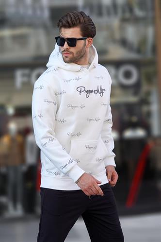 Ekru Baskılı Kapşonlu Cep Detaylı Erkek Sweatshirt 7075