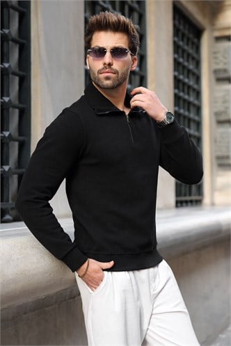 Siyah Dik Yaka Yarım Fermuarlı Erkek Sweatshirt E7211
