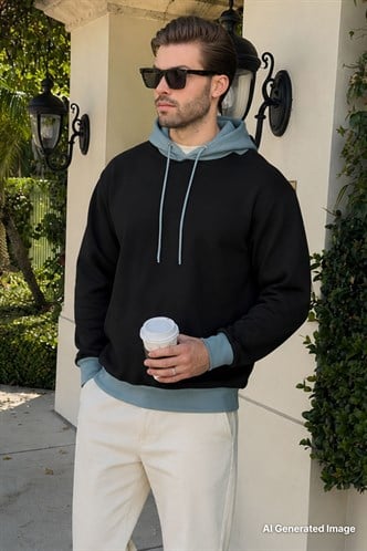 Siyah Renk Bloklu Kapüşonlu Sweatshirt 7073