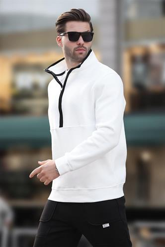 Ekru Dik Yaka Yarım Fermuarlı Sweatshirt 7079
