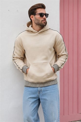 Bej Kapüşonlu Kanguru Cep Erkek Sweatshirt E7163