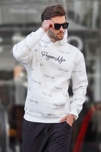 Ekru Baskılı Kapşonlu Cep Detaylı Erkek Sweatshirt 7075