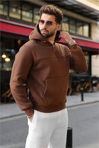 Kahverengi Kanguru Cepli Kapüşonlu Erkek Sweatshirt E7218