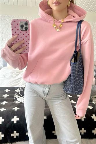 Pembe Kapüşonlu Şardonlu Oversize Cepli Sweatshirt MG2206