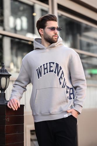 Boyalı Gri Kapüşonlu Baskılı Cep Detaylı Erkek Sweatshirt E7065