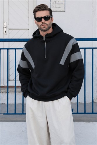 Siyah Fermuarlı Yaka Kapişonlu Erkek Sweatshirt E7161
