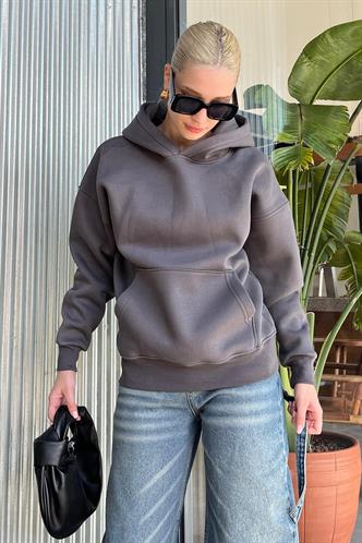Füme Kapüşonlu Şardonlu Oversize Cepli Sweatshirt MG2206
