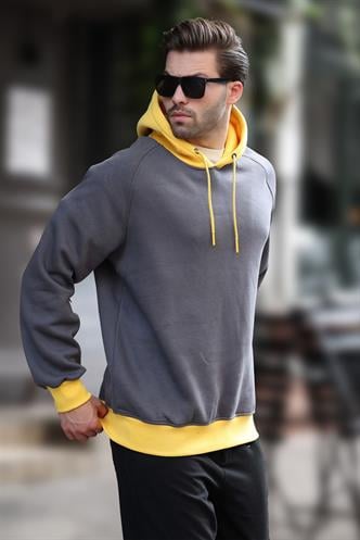 Füme Renk Bloklu Kapüşonlu Sweatshirt 7073