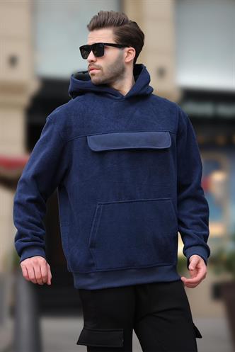Lacivert Kapüşonlu Kapaklı Cep Detaylı Polar Erkek Sweatshirt 7097