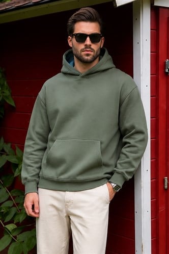 Haki Kapüşonlu Kanguru Cep Erkek Sweatshirt E7169