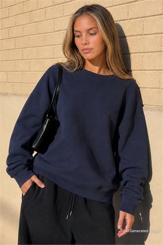 Lacivert Bisiklet Yaka Basic Sweatshirt MG2185