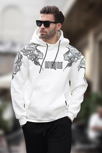 Ekru Kapüşonlu Cep Detaylı Baskılı Erkek Sweatshirt 7052