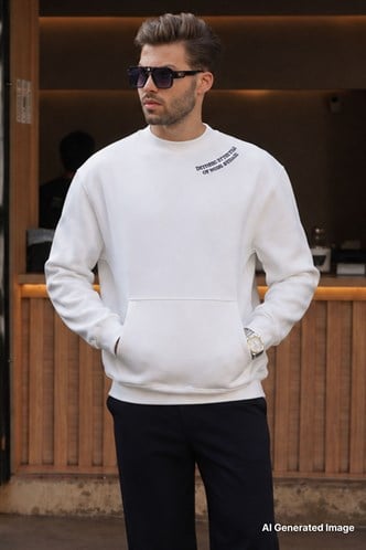 Ekru Bisiklet Yaka Nakış Detaylı Cepli Erkek Sweatshirt 7049