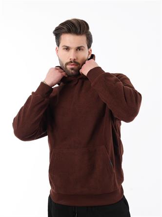 Acı Kahverengi Kapüşonlu Cep Detaylı Polar Erkek Sweatshirt 7093