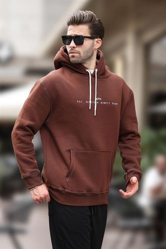 Acı Kahverengi Kapüşonlu Nakış Detaylı Cepli Erkek Sweatshirt 7066