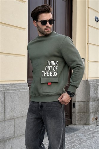 Haki Bisiklet Yaka Şardonlu Cep Detaylı Baskılı Erkek Sweatshirt 7061