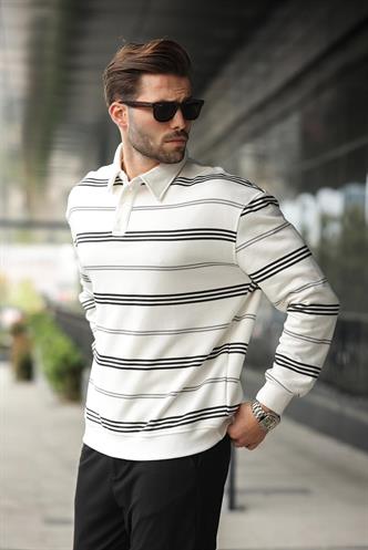 Ekru Çizgili Polo Yaka Erkek Sweatshirt E7172