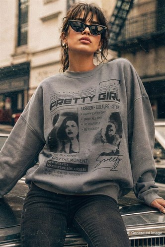 Füme Baskılı Oversize Kadın Sweatshirt  MG1923