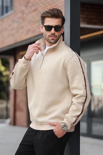 Bej Fermuarlı Yarım Balıkçı Yaka Erkek Sweatshirt E7164