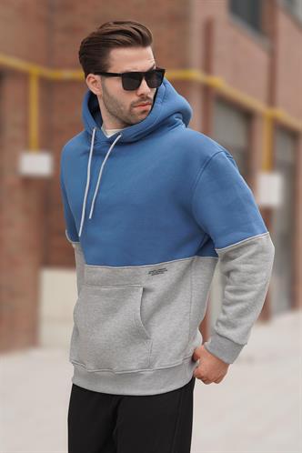 İndigo Kapüşonlu Renk Bloklu Baskı Detaylı Erkek Sweatshirt 7046