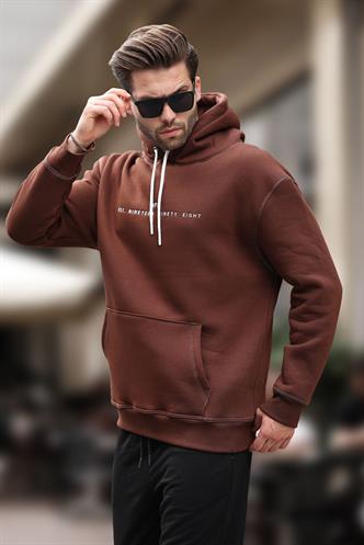 Acı Kahverengi Kapüşonlu Nakış Detaylı Cepli Erkek Sweatshirt 7066
