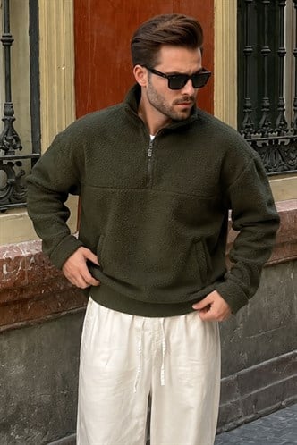Haki Yarım Fermuarlı Dik Yaka Polar Sweatshirt E7165