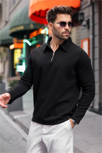 Siyah Yarım Fermuarlı Polo Yaka Dokulu Erkek Sweatshırt E7197