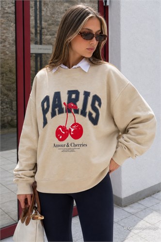 Bej Bisiklet Yaka Basic Sweatshirt MG2233