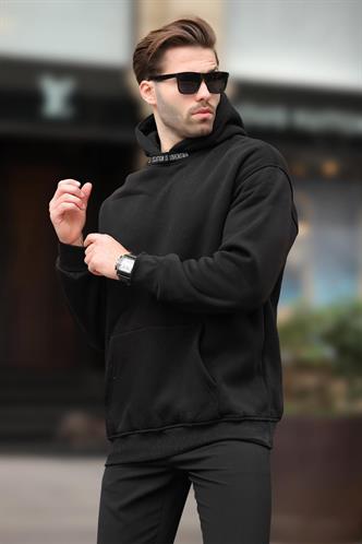 Siyah Kapüşonlu Nakış Detaylı Sweatshirt 7099