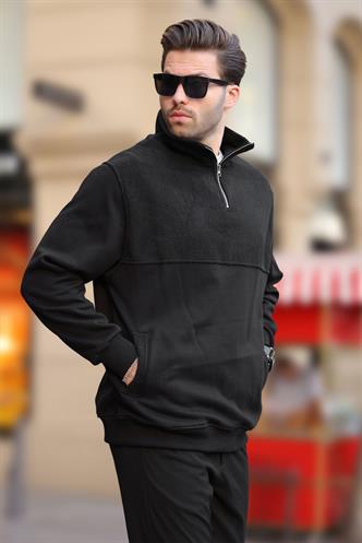 Siyah Dik Yaka Yarım Fermuarlı Polar Sweatshirt 7096