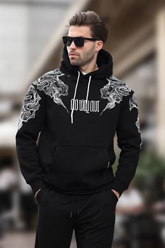 Siyah Kapüşonlu Cep Detaylı Baskılı Erkek Sweatshirt 7052