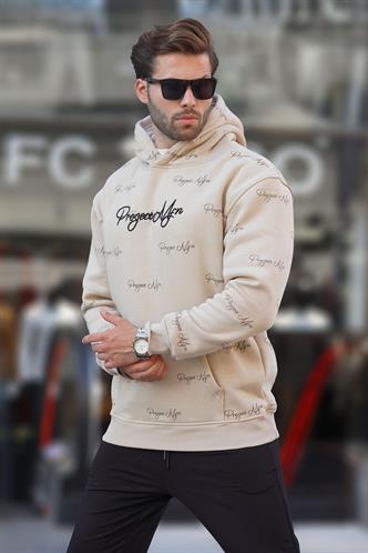 Bej Baskılı Kapşonlu Cep Detaylı Erkek Sweatshirt 7075
